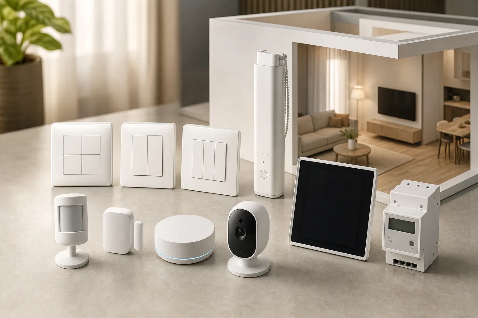 Smart switches, sensors, locks, curtain motors and hubs grouped as home automation building blocks