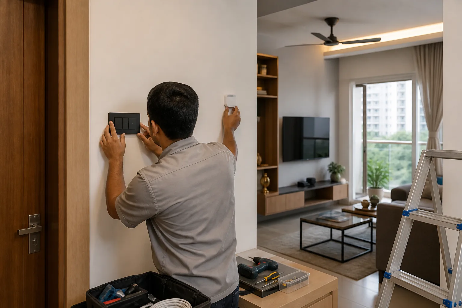 Technician installing a smart switch and testing a sensor in a Bangalore apartment