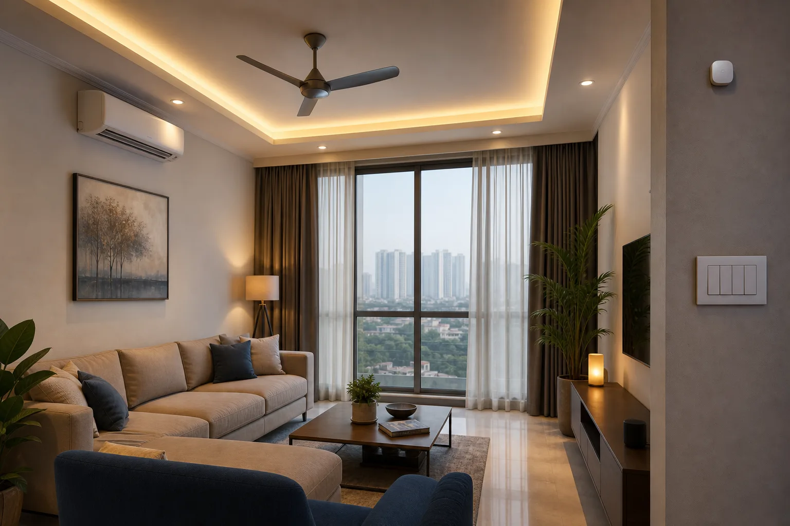 Delhi home interior with smart lighting, AC control, sensors and a connected control panel