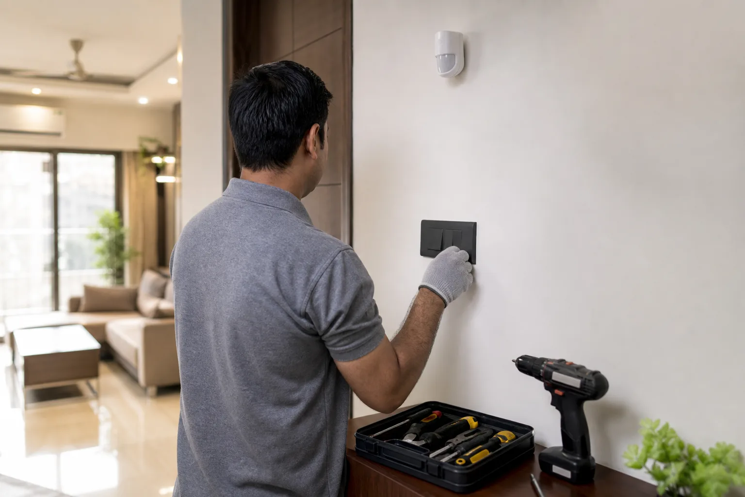 Technician installing and testing a smart switch and sensor in a Delhi NCR apartment